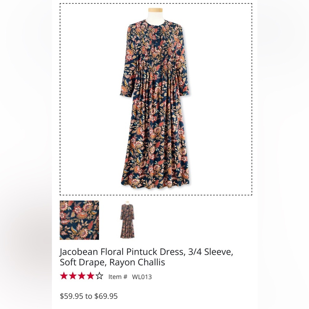 Serengeti Jacobean Floral Pintuck 3/4 Sleeve Cottagecore Romantic Dress Size L - Picture 3 of 11